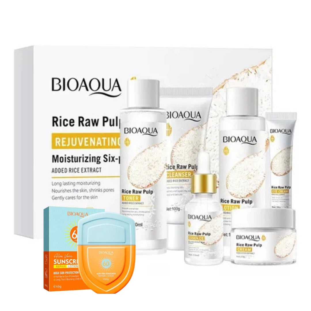 KIT ARROZ DE BIOAQUA - 6 PIEZAS + 1 PROTECTOR SOLAR "PENSAMOS EN TU BELLEZA"